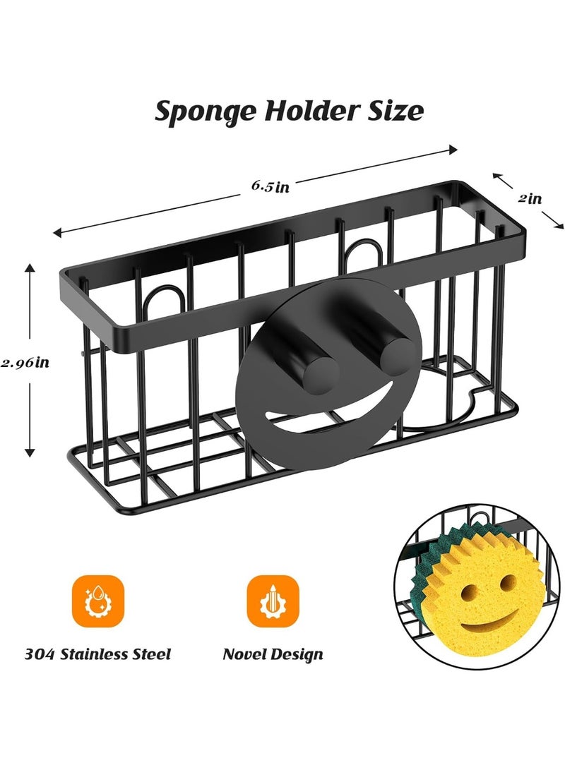 Sponge Holder Smiley Face, Sink Caddy for Kitchen Sink, Sink Organizer Sponge Holder with 2 PCS Suction Cups/1 PCS Adhesive Strips, Designed for Sponge, Soap, Dish Brush, Scrubber-Black - Image 4
